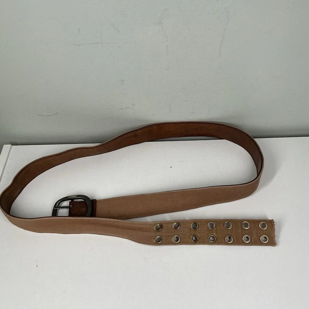 Men's Duluth Belt Brown Leather Tan‎ Canvas Striped Size 46  style 41719  Y2K
